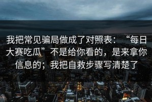 我把常见骗局做成了对照表：“每日大赛吃瓜”不是给你看的，是来拿你信息的；我把自救步骤写清楚了