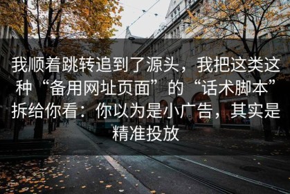 我顺着跳转追到了源头，我把这类这种“备用网址页面”的“话术脚本”拆给你看：你以为是小广告，其实是精准投放