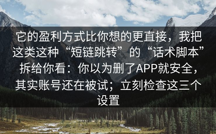 它的盈利方式比你想的更直接，我把这类这种“短链跳转”的“话术脚本”拆给你看：你以为删了APP就安全，其实账号还在被试；立刻检查这三个设置